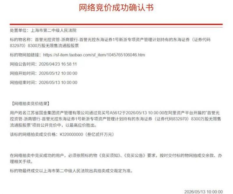 东海证券股权拍卖成交,东吴与东海证券合并障碍扫清